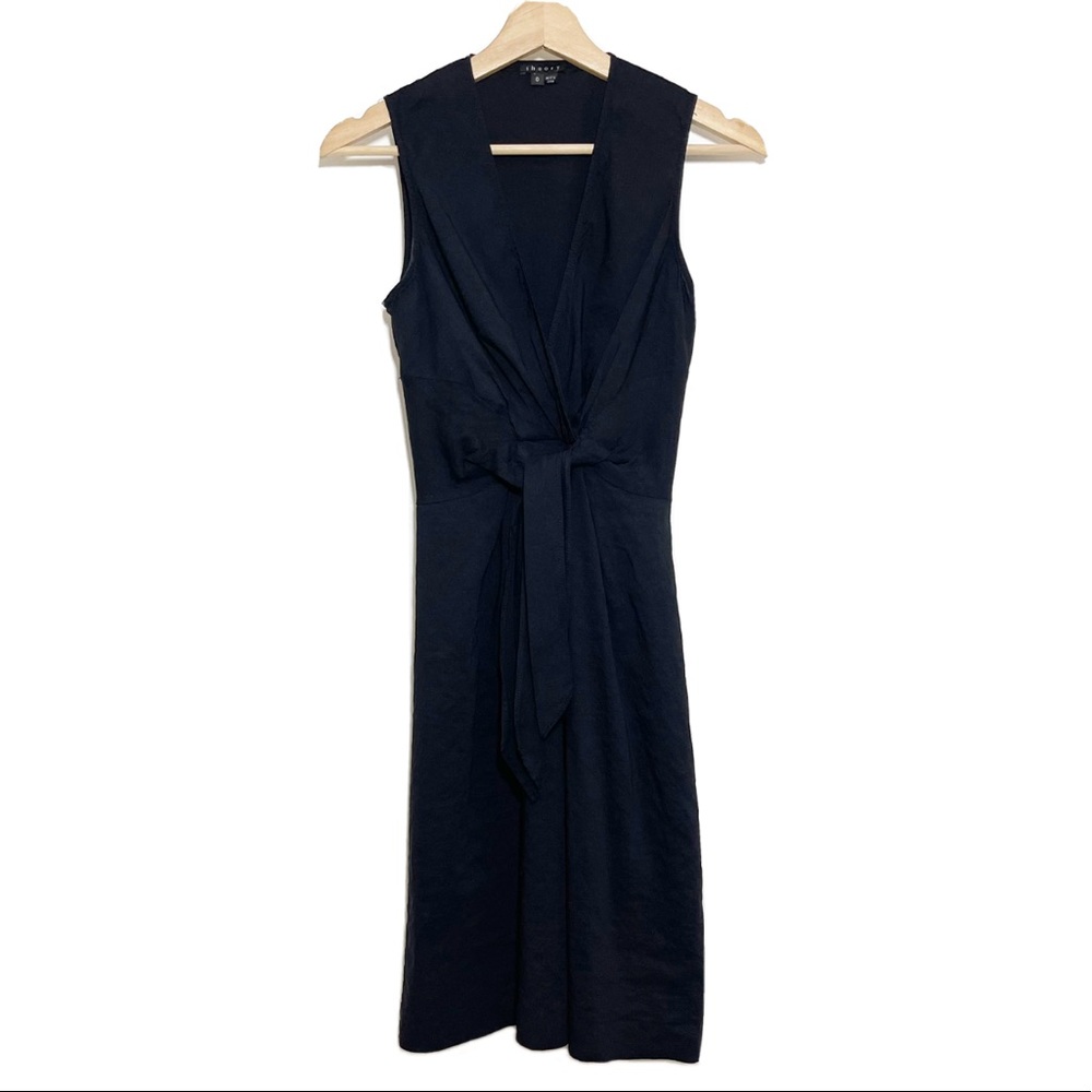 Theory Kenza Linen Blend Dress A-Line Tie Waist Sleeveless Black Sz 0